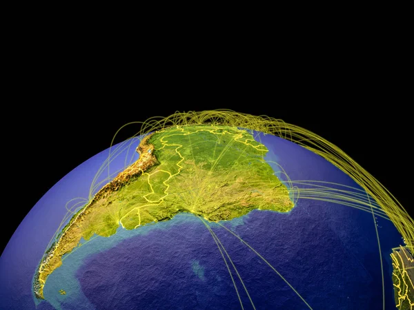 Латинская Америка Планете Земля Страновыми Границами Траекториями Представляющими Международные Связи — стоковое фото