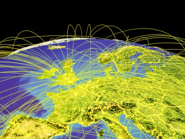 Western Europe on planet Earth with country borders and trajectories representing international communication, travel, connections. 3D illustration. Elements of this image furnished by NASA.
