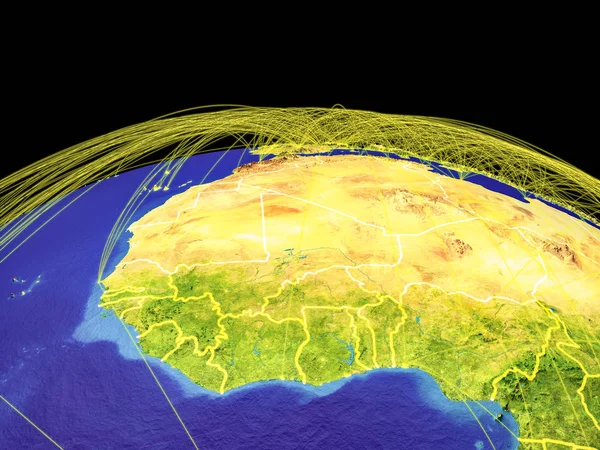地球上的西非 具有代表国际通信 旅行和连接的国家边界和轨迹 美国宇航局提供的这张图片的元素 — 图库照片