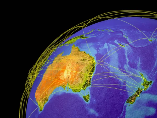Australië Vanuit Ruimte Aarde Met Lijnen Waarmee Internationale Verbindingen Communicatie — Stockfoto