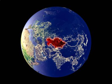 Kazakistan modeli bir şehir ışıkları ile dünya gezegeni uzaydan. Çok ince ayrıntı plastik gezegenin yüzey ve şehirler. 3D çizim. Nasa tarafından döşenmiş bu görüntü unsurları.