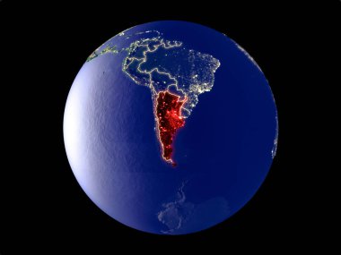 Arjantin modeli bir şehir ışıkları ile dünya gezegeni uzaydan. Çok ince ayrıntı plastik gezegenin yüzey ve şehirler. 3D çizim. Nasa tarafından döşenmiş bu görüntü unsurları.