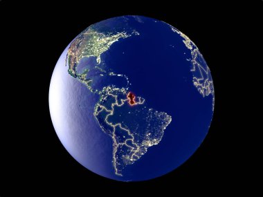 Guyana modeli bir şehir ışıkları ile dünya gezegeni uzaydan. Çok ince ayrıntı plastik gezegenin yüzey ve şehirler. 3D çizim. Nasa tarafından döşenmiş bu görüntü unsurları.