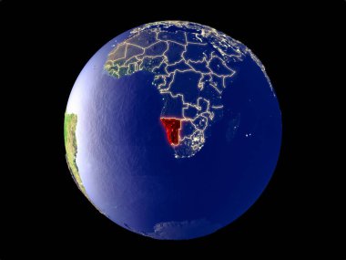 Namibya modeli bir şehir ışıkları ile dünya gezegeni uzaydan. Çok ince ayrıntı plastik gezegenin yüzey ve şehirler. 3D çizim. Nasa tarafından döşenmiş bu görüntü unsurları.