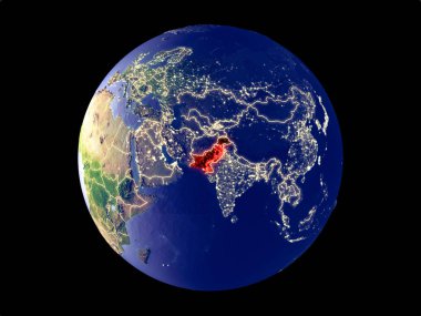 Pakistan modeli bir şehir ışıkları ile dünya gezegeni uzaydan. Çok ince ayrıntı plastik gezegenin yüzey ve şehirler. 3D çizim. Nasa tarafından döşenmiş bu görüntü unsurları.