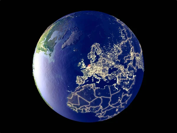 Netherlands from space on model of planet Earth with city lights. Very fine detail of the plastic planet surface and cities. 3D illustration. Elements of this image furnished by NASA.