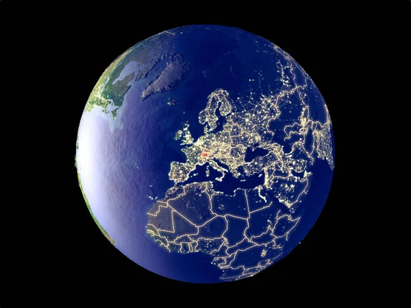 Швейцарія Космосу Моделі Планети Земля Вогні Великого Міста Дуже Дрібні — стокове фото