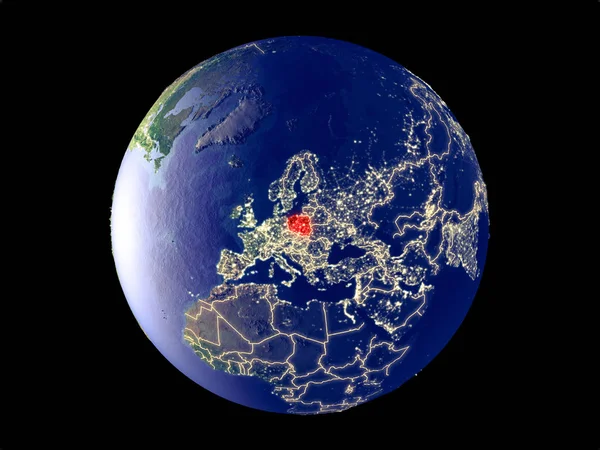 Polonya Modeli Bir Şehir Işıkları Ile Dünya Gezegeni Uzaydan Çok — Stok fotoğraf