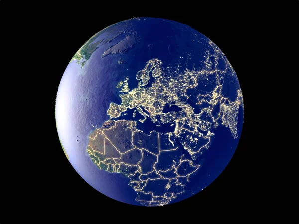 Černá Hora Prostoru Model Planety Země Městem Světel Velmi Jemné — Stock fotografie