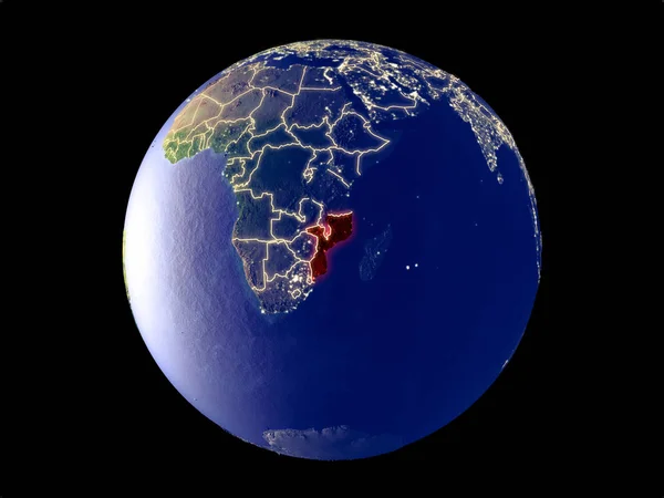 Mozambique from space on model of planet Earth with city lights. Very fine detail of the plastic planet surface and cities. 3D illustration. Elements of this image furnished by NASA.