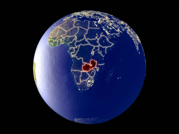 Zambia from space on model of planet Earth with city lights. Very fine detail of the plastic planet surface and cities. 3D illustration. Elements of this image furnished by NASA.