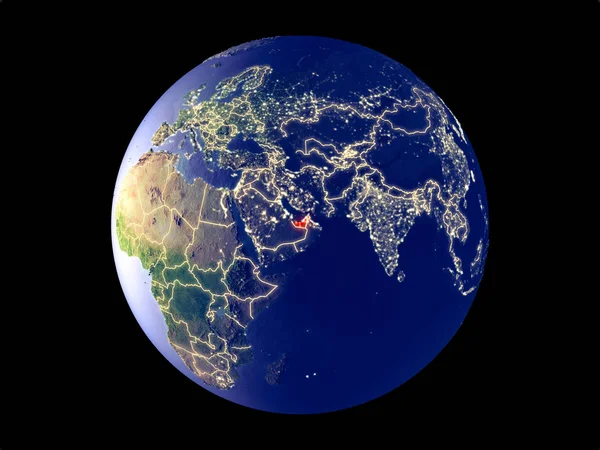 Объединенные Арабские Эмираты Космоса Модели Планеты Земля Городским Освещением Тонкая — стоковое фото