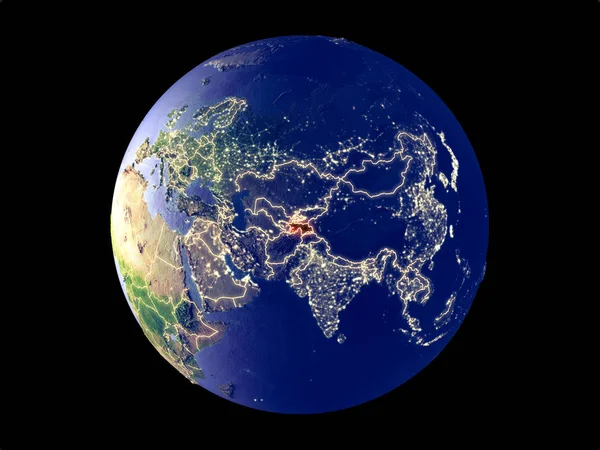 Таджикистан Космоса Модели Планеты Земля Городским Освещением Тонкая Деталь Пластиковой — стоковое фото