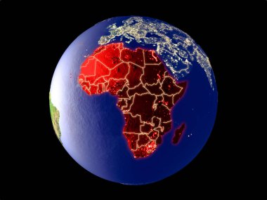 Afrika modeli bir şehir ışıkları ile dünya gezegeni uzaydan. Çok ince ayrıntı plastik gezegenin yüzey ve şehirler. 3D çizim. Nasa tarafından döşenmiş bu görüntü unsurları.