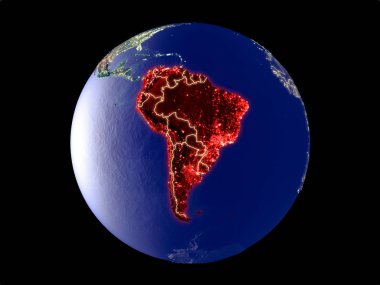 Güney Amerika modeli bir şehir ışıkları ile dünya gezegeni uzaydan. Çok ince ayrıntı plastik gezegenin yüzey ve şehirler. 3D çizim. Nasa tarafından döşenmiş bu görüntü unsurları.