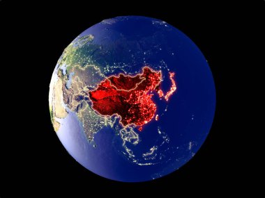 Doğu Asya modeli bir şehir ışıkları ile dünya gezegeni uzaydan. Çok ince ayrıntı plastik gezegenin yüzey ve şehirler. 3D çizim. Nasa tarafından döşenmiş bu görüntü unsurları.