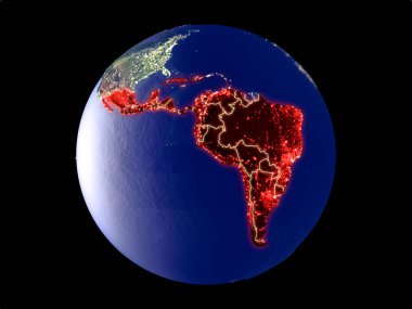 Latin Amerika modeli bir şehir ışıkları ile dünya gezegeni uzaydan. Çok ince ayrıntı plastik gezegenin yüzey ve şehirler. 3D çizim. Nasa tarafından döşenmiş bu görüntü unsurları.