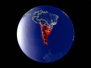 Southern Cone modeli bir şehir ışıkları ile dünya gezegeni uzaydan. Çok ince ayrıntı plastik gezegenin yüzey ve şehirler. 3D çizim. Nasa tarafından döşenmiş bu görüntü unsurları.