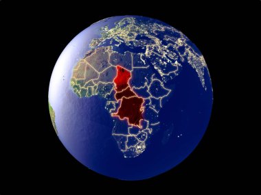 Orta Afrika modeli bir şehir ışıkları ile dünya gezegeni uzaydan. Çok ince ayrıntı plastik gezegenin yüzey ve şehirler. 3D çizim. Nasa tarafından döşenmiş bu görüntü unsurları.