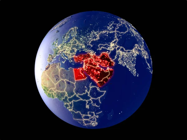 Middle East from space on model of planet Earth with city lights. Very fine detail of the plastic planet surface and cities. 3D illustration. Elements of this image furnished by NASA.