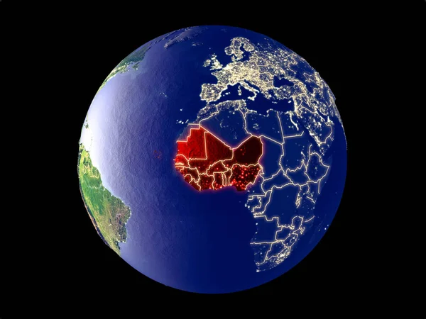 África Occidental Desde Espacio Modelo Del Planeta Tierra Con Luces —  Fotos de Stock