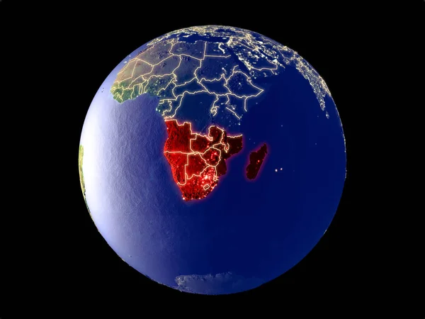 Southern Africa from space on model of planet Earth with city lights. Very fine detail of the plastic planet surface and cities. 3D illustration. Elements of this image furnished by NASA.