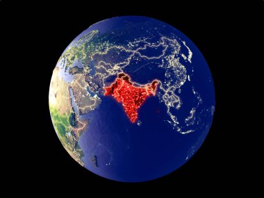 Britanya Hindistanı modeli bir şehir ışıkları ile dünya gezegeni uzaydan. Çok ince ayrıntı plastik gezegenin yüzey ve şehirler. 3D çizim. Nasa tarafından döşenmiş bu görüntü unsurları.