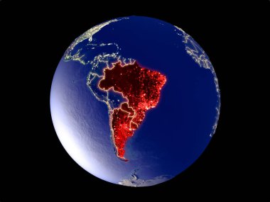 Mercosur memebers modeli bir şehir ışıkları ile dünya gezegeni uzaydan. Çok ince ayrıntı plastik gezegenin yüzey ve şehirler. 3D çizim. Nasa tarafından döşenmiş bu görüntü unsurları.