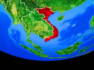 Vietnam modeli bir ülke sınırları ile dünya gezegeni uzaydan. 3D çizim. Nasa tarafından döşenmiş bu görüntü unsurları.