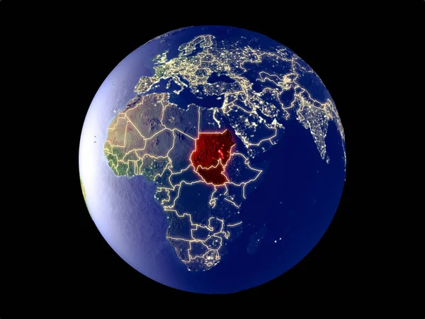 Former Sudan from space on model of planet Earth with city lights. Very fine detail of the plastic planet surface and cities. 3D illustration. Elements of this image furnished by NASA.