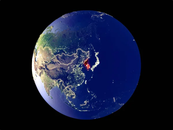韩国从太空模型上的行星地球与城市灯 非常精细的细节的塑料行星表面和城市 美国宇航局提供的这张图片的元素 — 图库照片