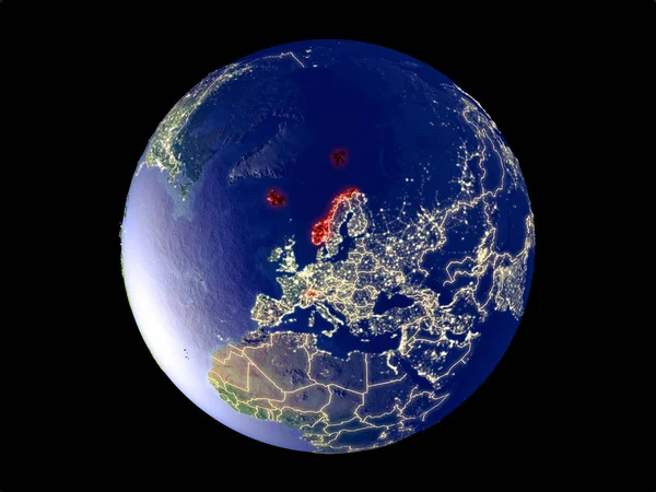 EFTA countries from space on model of planet Earth with city lights. Very fine detail of the plastic planet surface and cities. 3D illustration. Elements of this image furnished by NASA.