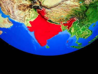 Hindistan modeli bir ülke sınırları ile dünya gezegeni uzaydan. 3D çizim. Nasa tarafından döşenmiş bu görüntü unsurları.