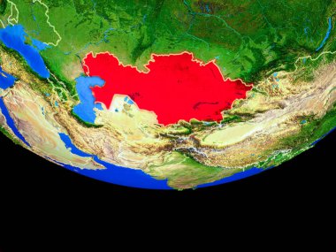 Kazakistan modeli bir ülke sınırları ile dünya gezegeni uzaydan. 3D çizim. Nasa tarafından döşenmiş bu görüntü unsurları.