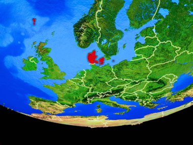 Danimarka modeli bir ülke sınırları ile dünya gezegeni uzaydan. 3D çizim. Nasa tarafından döşenmiş bu görüntü unsurları.