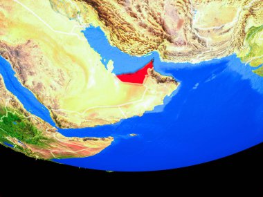 Birleşik Arap Emirlikleri modeli bir ülke sınırları ile dünya gezegeni uzaydan. 3D çizim. Nasa tarafından döşenmiş bu görüntü unsurları.