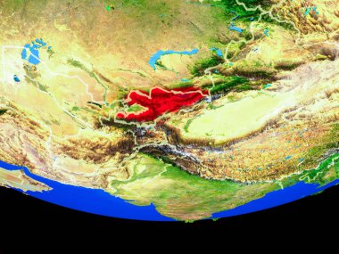 Kırgızistan modeli bir ülke sınırları ile dünya gezegeni uzaydan. 3D çizim. Nasa tarafından döşenmiş bu görüntü unsurları.