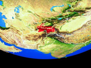 Tacikistan modeli bir ülke sınırları ile dünya gezegeni uzaydan. 3D çizim. Nasa tarafından döşenmiş bu görüntü unsurları.