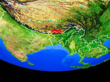 Bhutan modeli bir ülke sınırları ile dünya gezegeni uzaydan. 3D çizim. Nasa tarafından döşenmiş bu görüntü unsurları.