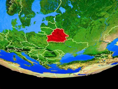 Beyaz Rusya modeli bir ülke sınırları ile dünya gezegeni uzaydan. 3D çizim. Nasa tarafından döşenmiş bu görüntü unsurları.