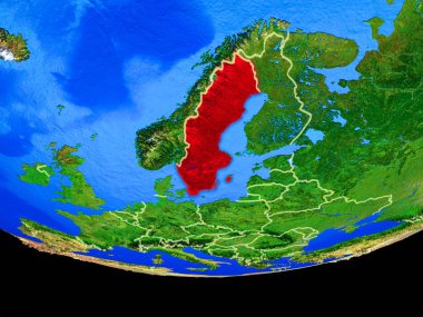 İsveç modeli bir ülke sınırları ile dünya gezegeni uzaydan. 3D çizim. Nasa tarafından döşenmiş bu görüntü unsurları.