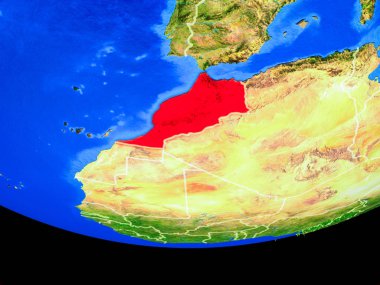 Fas modeli bir ülke sınırları ile dünya gezegeni uzaydan. 3D çizim. Nasa tarafından döşenmiş bu görüntü unsurları.