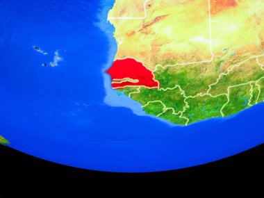 Senegal modeli bir ülke sınırları ile dünya gezegeni uzaydan. 3D çizim. Nasa tarafından döşenmiş bu görüntü unsurları.
