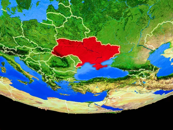 乌克兰从太空模型上的行星地球与国家边界 美国宇航局提供的这张图片的元素 — 图库照片