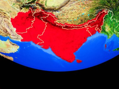 Güney Asya modeli bir ülke sınırları ile dünya gezegeni uzaydan. 3D çizim. Nasa tarafından döşenmiş bu görüntü unsurları.