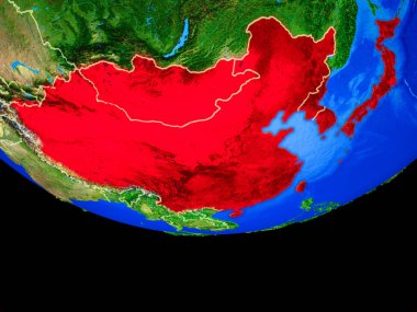 Doğu Asya modeli bir ülke sınırları ile dünya gezegeni uzaydan. 3D çizim. Nasa tarafından döşenmiş bu görüntü unsurları.