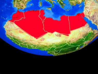 Kuzey Afrika modeli bir ülke sınırları ile dünya gezegeni uzaydan. 3D çizim. Nasa tarafından döşenmiş bu görüntü unsurları.