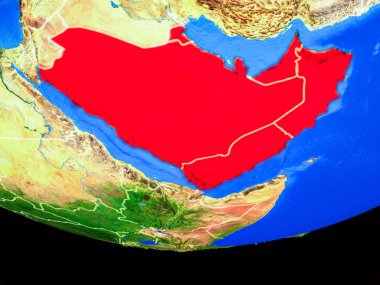 Ülke sınırları ile dünya gezegeninin modeli uzaydan Arabistan. 3d illüstrasyon. Nasa tarafından döşenmiş bu görüntünün elemanları.