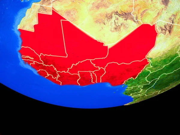 Western Africa from space on model of planet Earth with country borders. 3D illustration. Elements of this image furnished by NASA.
