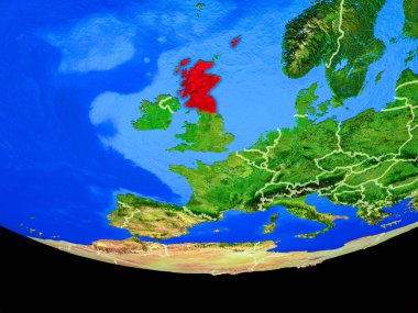 Ülke sınırları ile dünya gezegeninin modeli uzaydan İskoçya. 3d illüstrasyon. Nasa tarafından döşenmiş bu görüntünün elemanları.